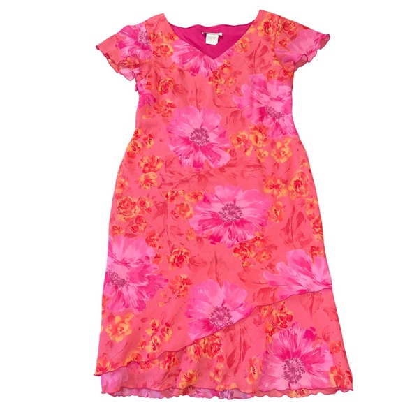 dressbarn Dresses & Skirts - Dressbarn Pink Floral Chiffon Midi‎ Dress V Neck Layered Size 10